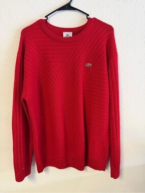 Lacoste Men’s Bright Red Crewneck Sweater with Crocodile Logo Sz L Wool
